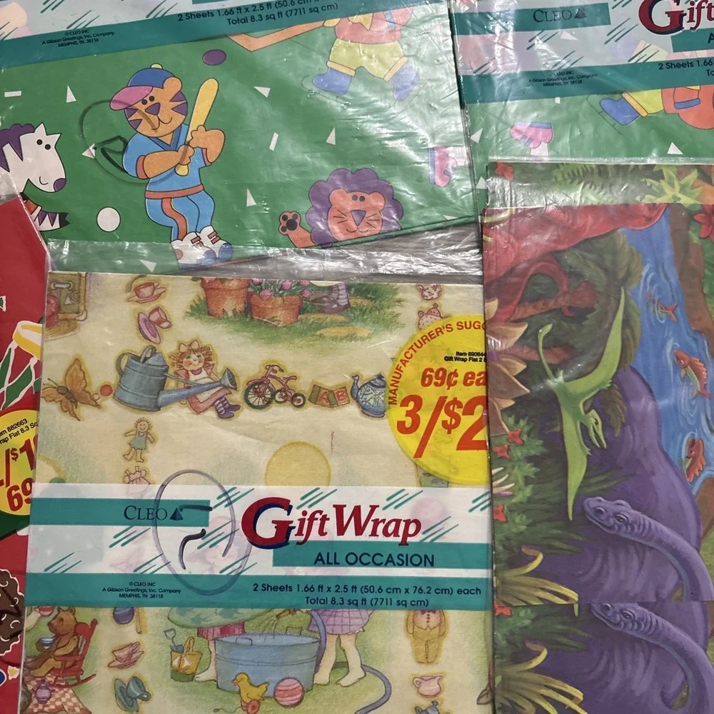 Lot of Vintage Gift wrapping paper Kids, Christmas, Girls, Boys, Toys, Dinosaurs